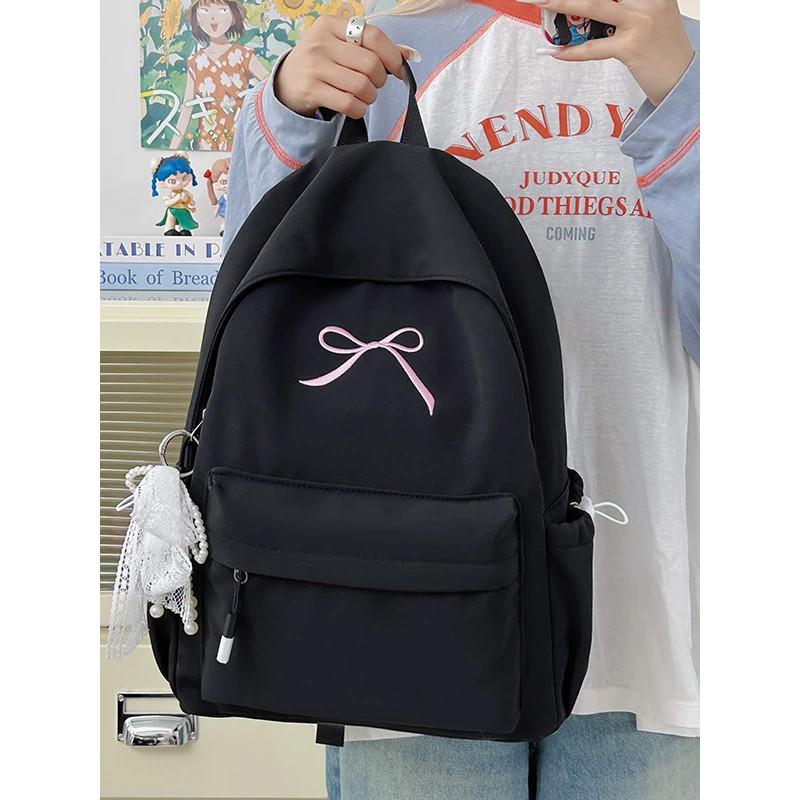 Bow Embroidery Ribbon Nylon Backpack Large Capacity Laptop Schoolbag Fashion