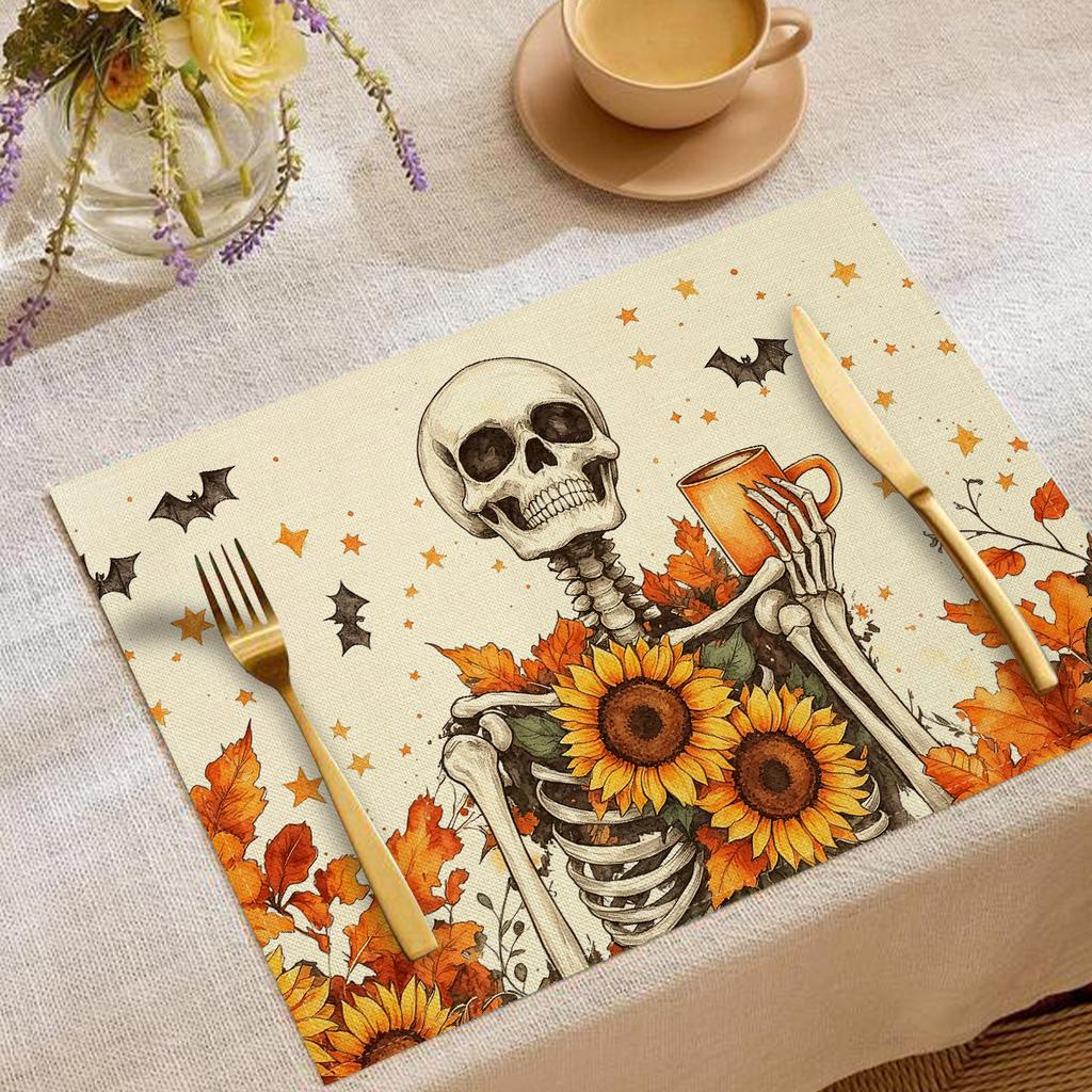 4PCS Thanksgiving Polyester Placemat Autumn Pumpkin Print Tablecloth Gnome Skull Atmosphere Decorative Insulation Mats 30x45cm