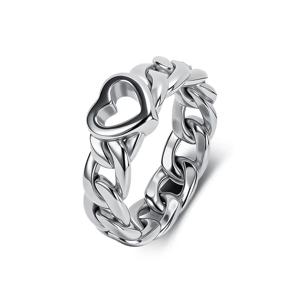 New European and American Trend Heart-shaped Cuban Chain Ring Titanium Steel Plated 18K Gold French Niche Premium Hand Jewelry