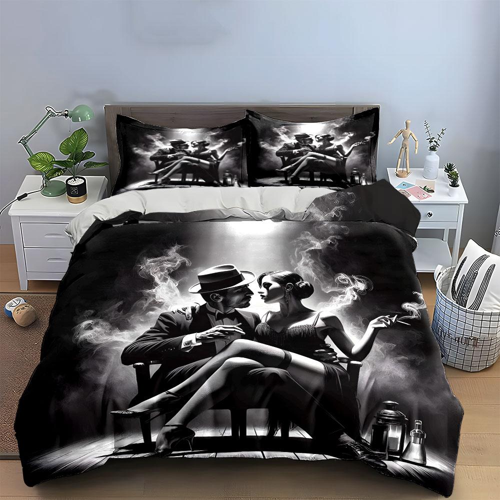 Retro Noir Couple Scene Bedding Duvet Cover Set (1*Duvet Cover 2*Pillowcases, Without Duvet Insert)