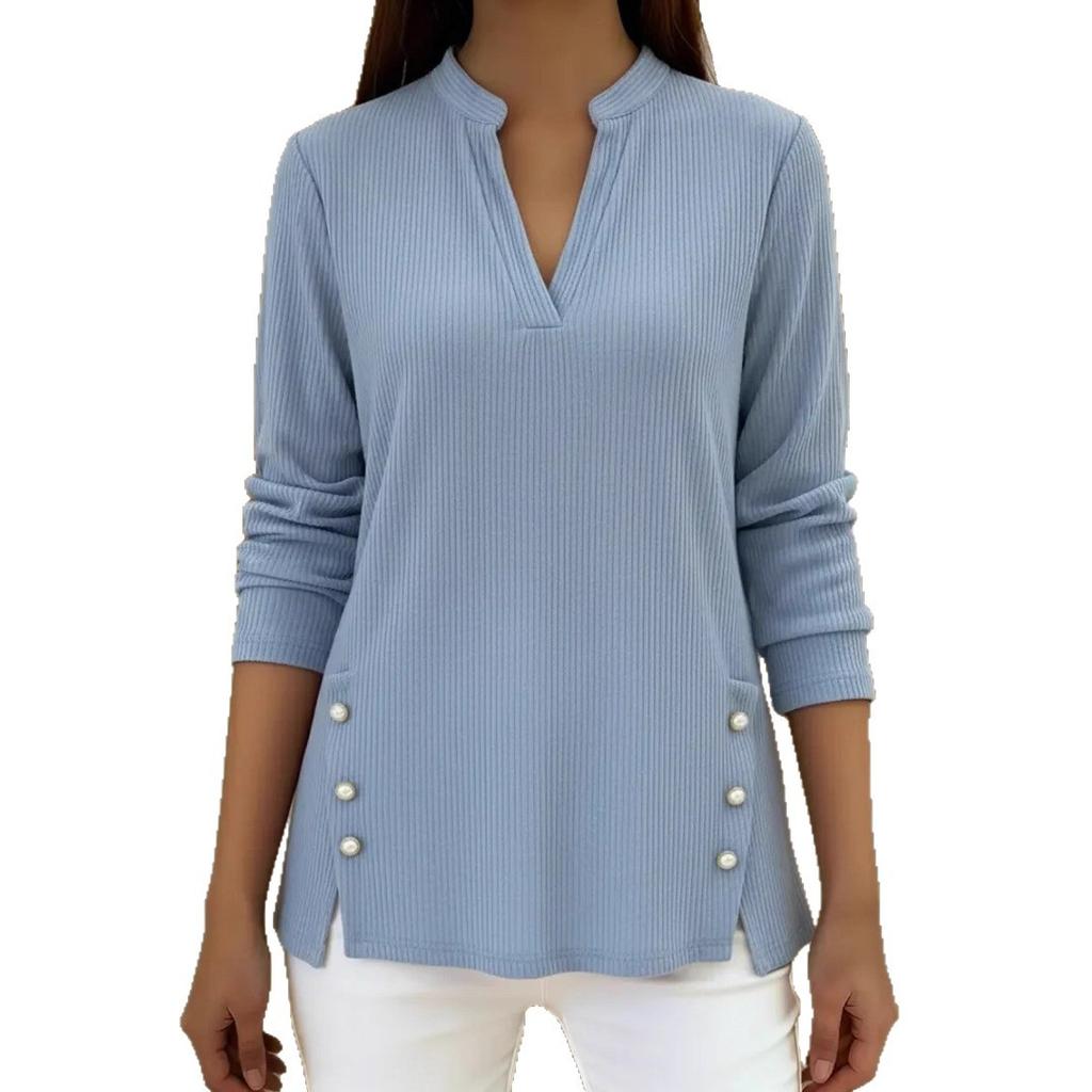 2025 Autumn and Winter New Solid Color Loose Casual V-neck Buttoned Long-sleeved Women's Tops T-shirt
