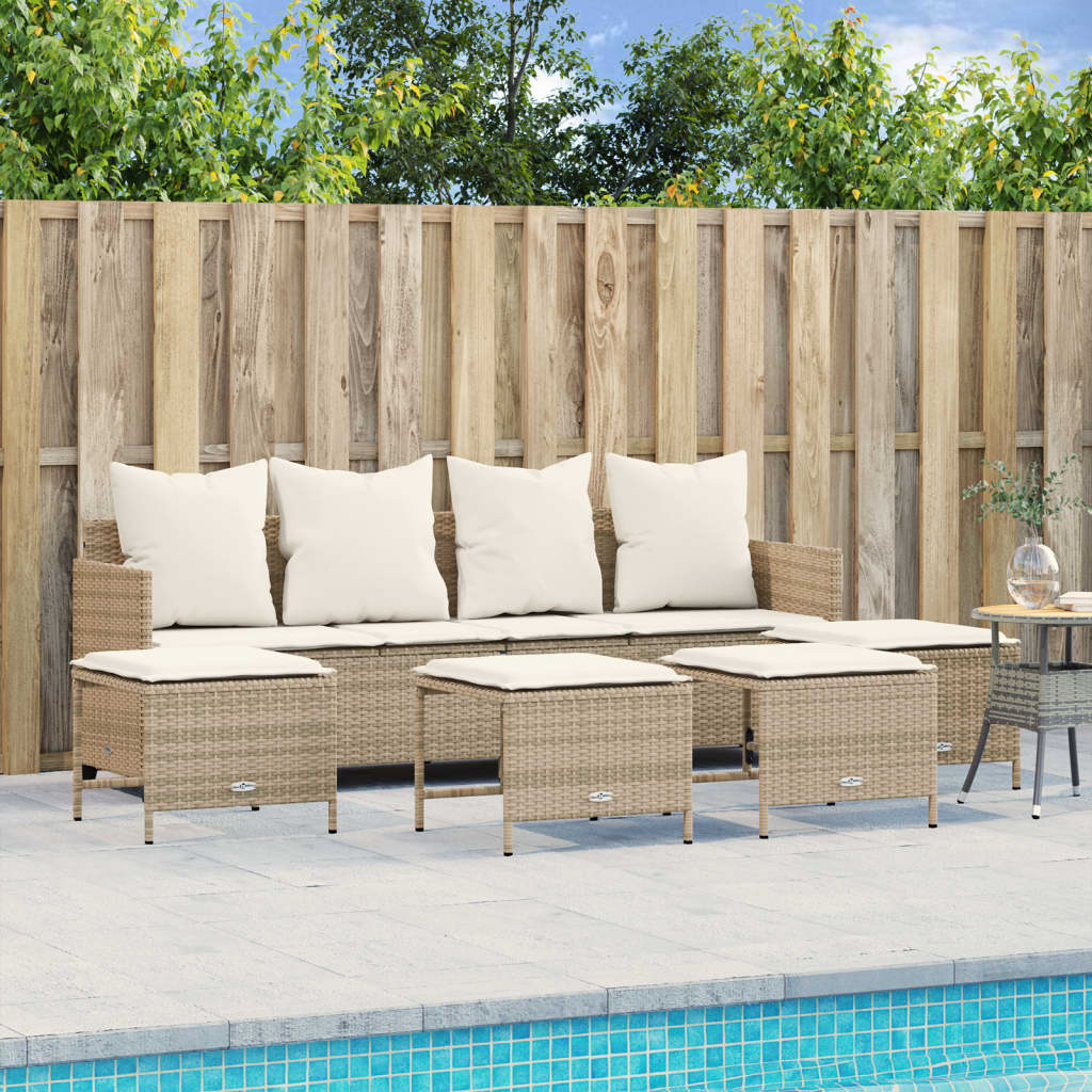 5 Piece Garden Sofa Set with Cushions Beige Poly Rattan