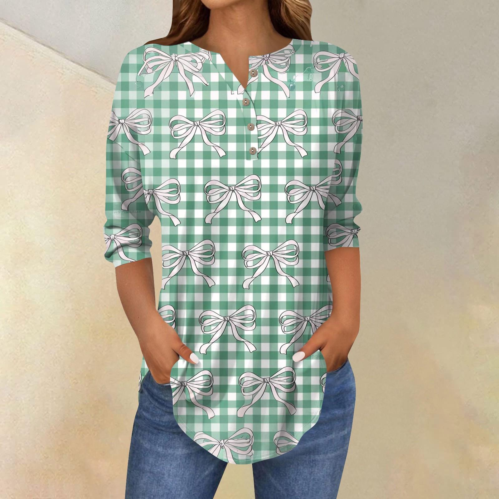 

Женская повседневная свободная футболка с принтом банта на пуговицах и рукавами три четверти XL