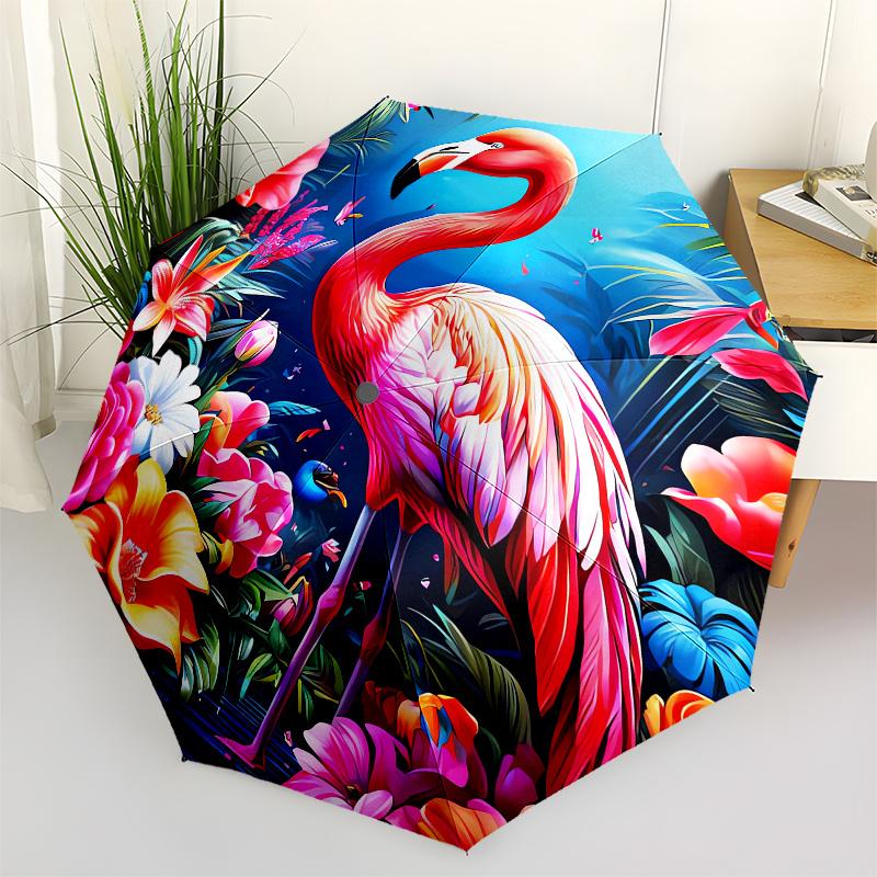 

Flamingo, Tropical Flowers Automatic folding umbrella simple eight rib design, bright color pattern, durable iron frame, ideal for travel a
