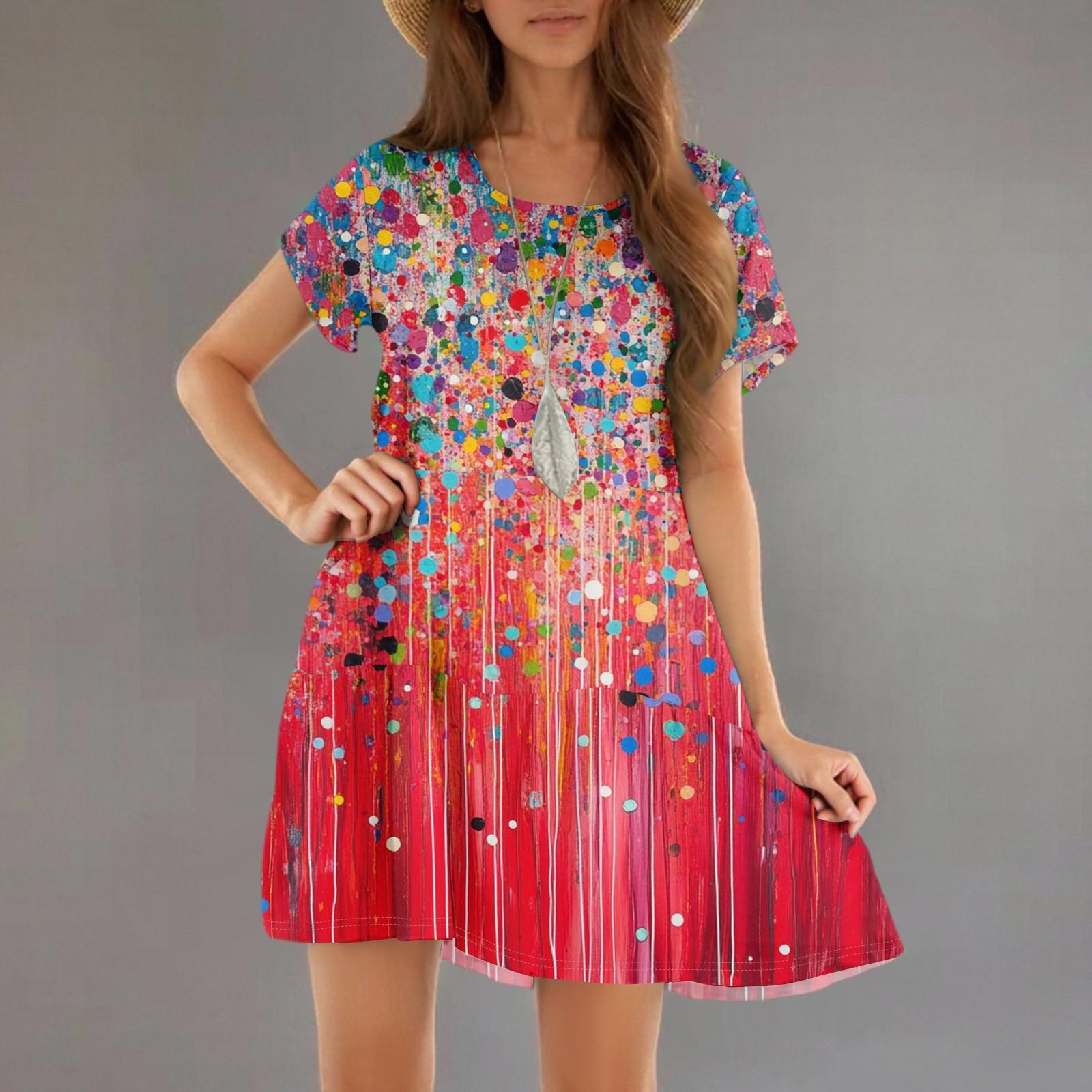 

Women s Fashion Casual Round Neck Short Sleeve Ruffle Gradient Printed Dresses XL червоний