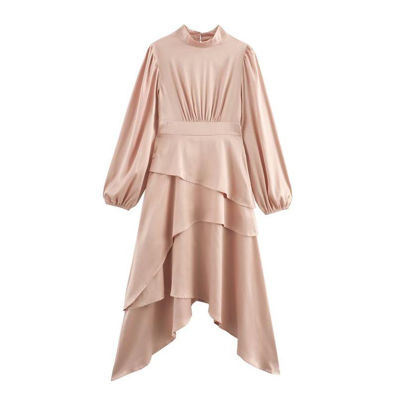 

Kaslead New Arrival Women s Clothing Fashion Style Fashion Minimalist Satin Laminated Irregular Long Sleeve Dress Picture Color L