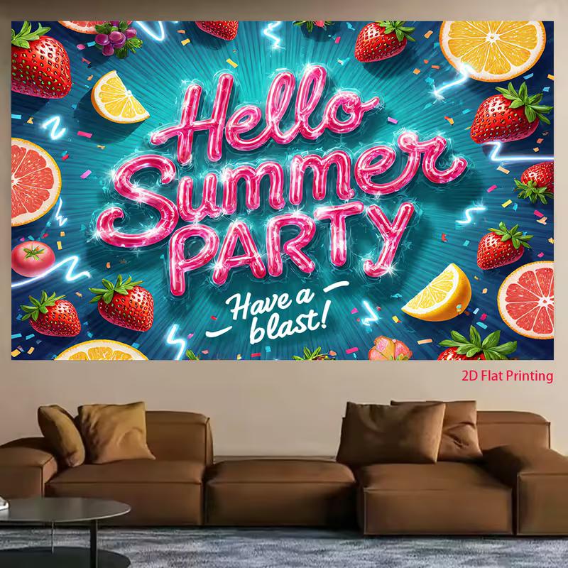 2D Teal Blue Hello Summer Party Backdrop Neon Fruits Confetti Photography Background