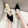 Fashion 2024 New  Pearl Black Sandals Women Summer Slippers Woman Thin Heels Womens Outdoor High Heels Pointed Toe  Woman Mules