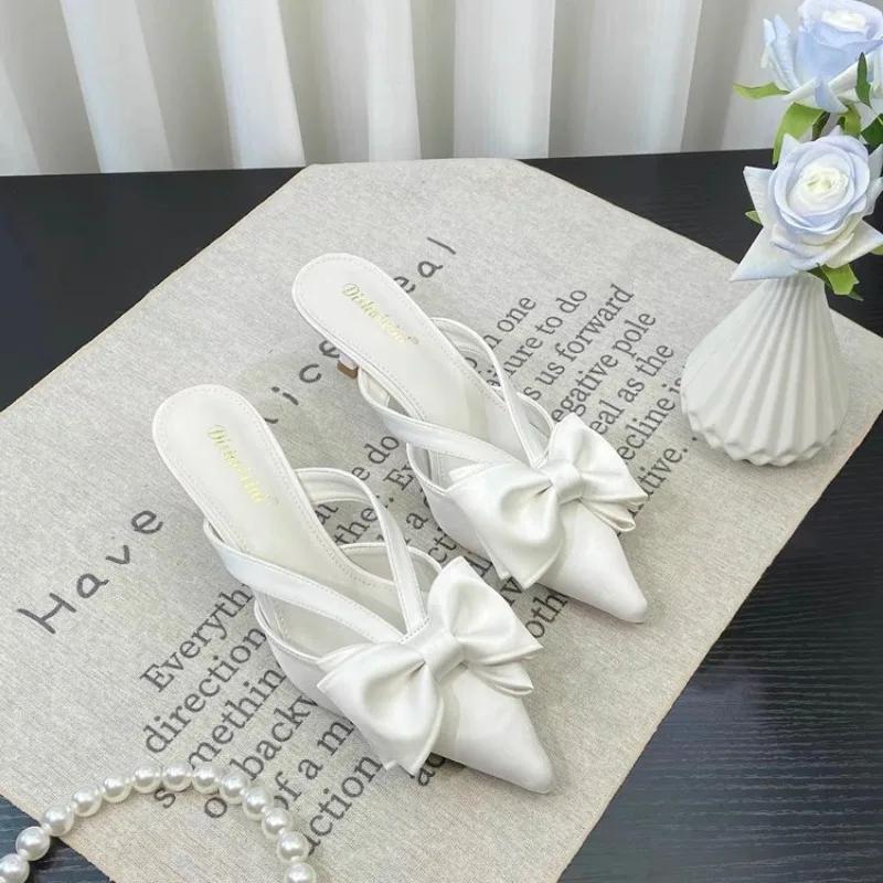 Fairy Style Pink Cool Slippers for Women's Summer  French Pointed Bow Hollow High Heels, Half Wrapped Women's Slippers