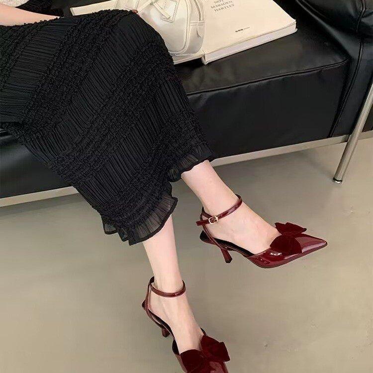 

Новые женские черные босоножки с острым носком, с бантом, на высоком каблуке, с ремешком с пряжкой на подъеме, элегантные туфли-лодочки 41 бордовый