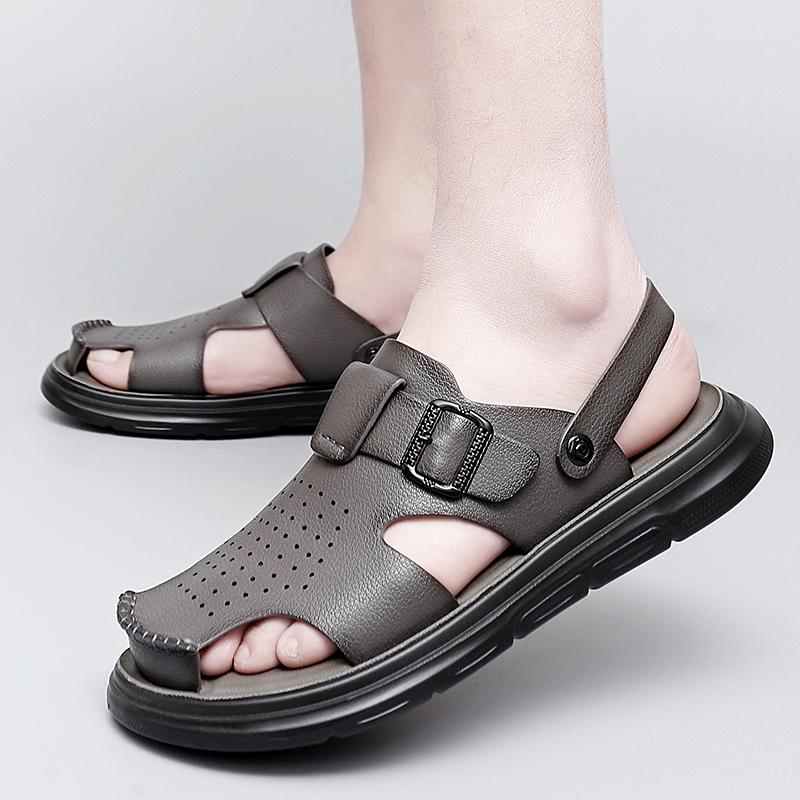Fashion Luxury Brand Men Sandals 2024 Summer Toe Wrap Sandals Anti-slip Leather Sandals Soft Sole Slippers Breathable Casual Brown Shoes