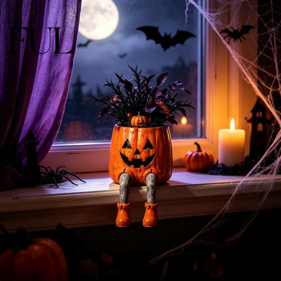Spooky Home Accents Halloween Sitting Leg-Dangled Planter, Funny Long Leg Succulent Plant Pot Whimsical Window Display Ornaments with Pumpkin