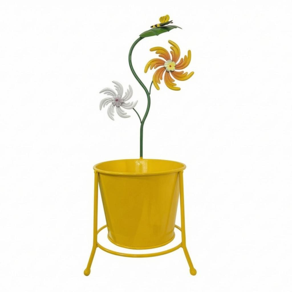 Yellow Iron Planter with Floral Metal Ornaments Indoor Outdoor Flower Stand