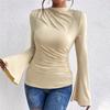 Women's Fashion Trumpet Sleeve Stand Collar Slim Fit Long Sleeve Top