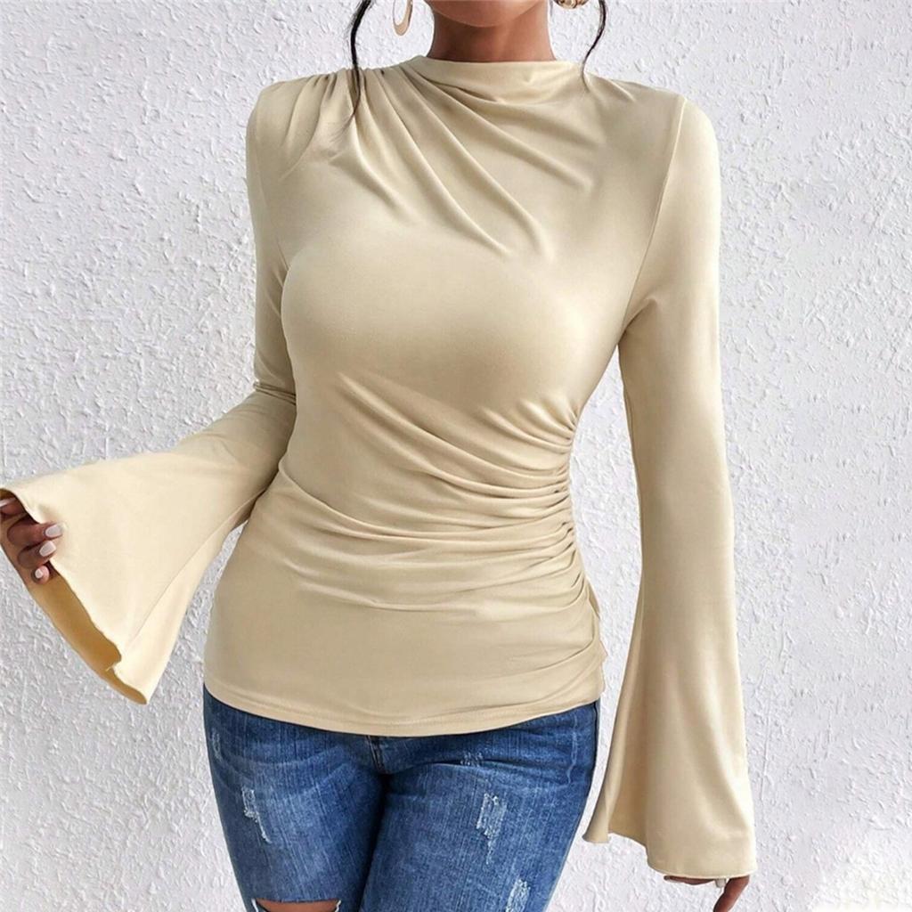 Women's Fashion Trumpet Sleeve Stand Collar Slim Fit Long Sleeve Top