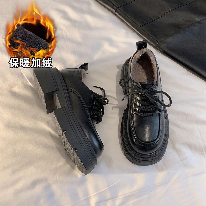 Lace-up British style small leather shoes for women's 2025 autumn and winter new retro velvet thick-soled heightening love single shoes