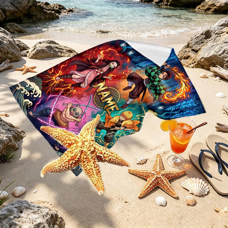 Serviette de plage personnalisée avec nom et motif Demon Slayer, pour Voyage Camping Fête à la plage Décoration de maison, Cadeau d'anniversaire pour la Famille & les Amis