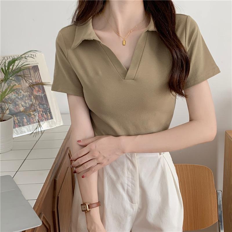 Special Cotton Elastane Polo Short-sleeved T-shirt Women's Summer Slim V-neck Solid Color Short Sweet and Spicy Top