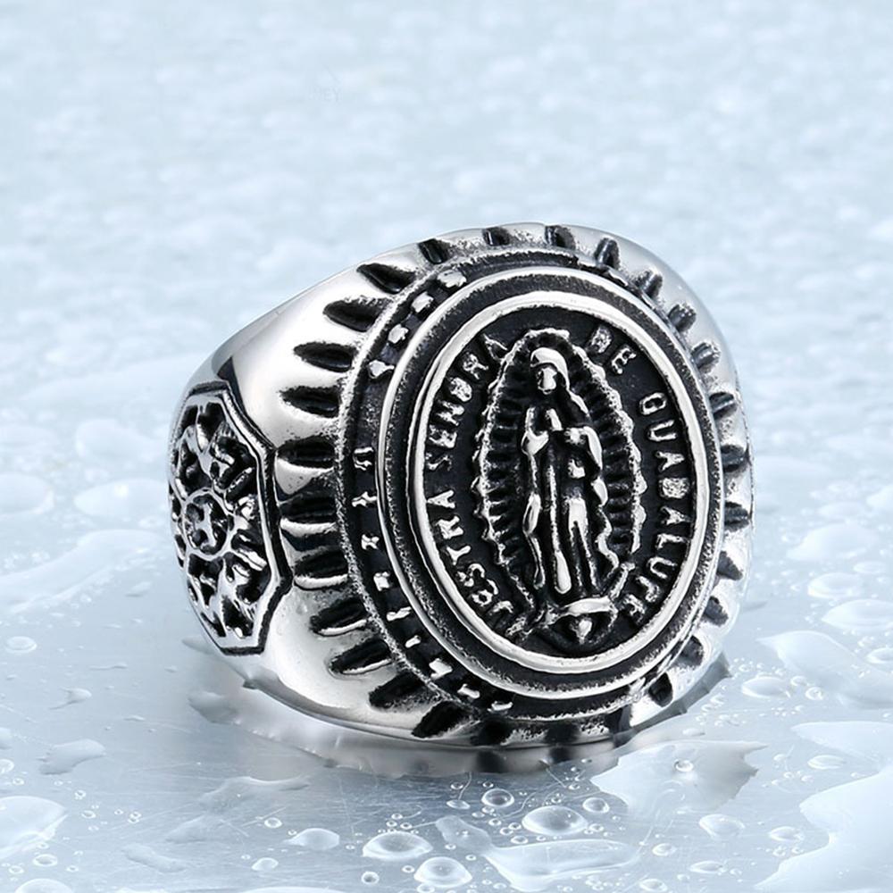Vintage Silver Virgin Ring Bicycle Blessing Religious Ring Men's Talisman Jewelry Gift