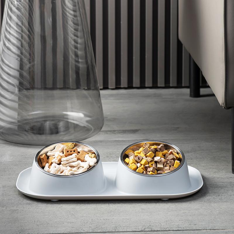 Pet Bowl, Cat and Dog Bowl, Stainless Steel Leak-proof Food Bowl, Tilted Protection for Cervical Vertebrae, Double Bowl Integrated Feeder