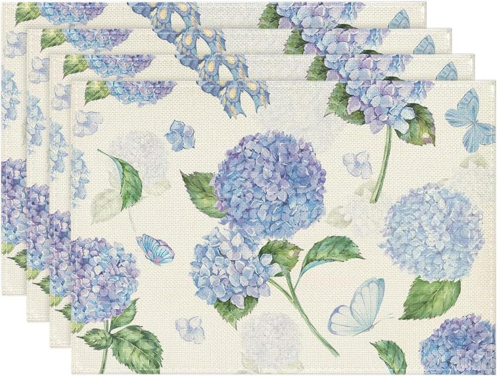 4PCS/Set Blue Hydrangea Placemats 30*45CM Linen Lavender Tulip Flower Table Mads For Home Xmas Party Dining Table Decoration