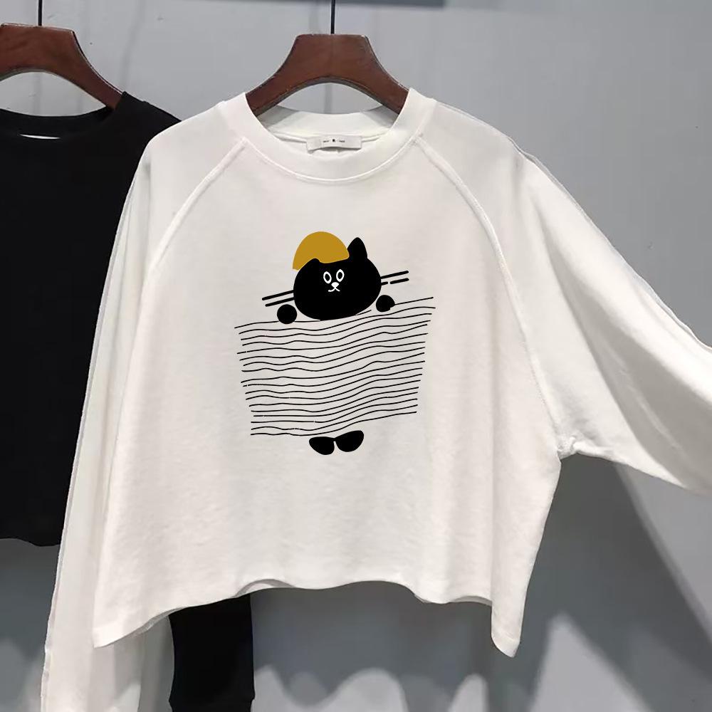 Women's Stylish Long Sleeve Cartoon Cat Cotton T-Shirt - Casual Loose Fit
