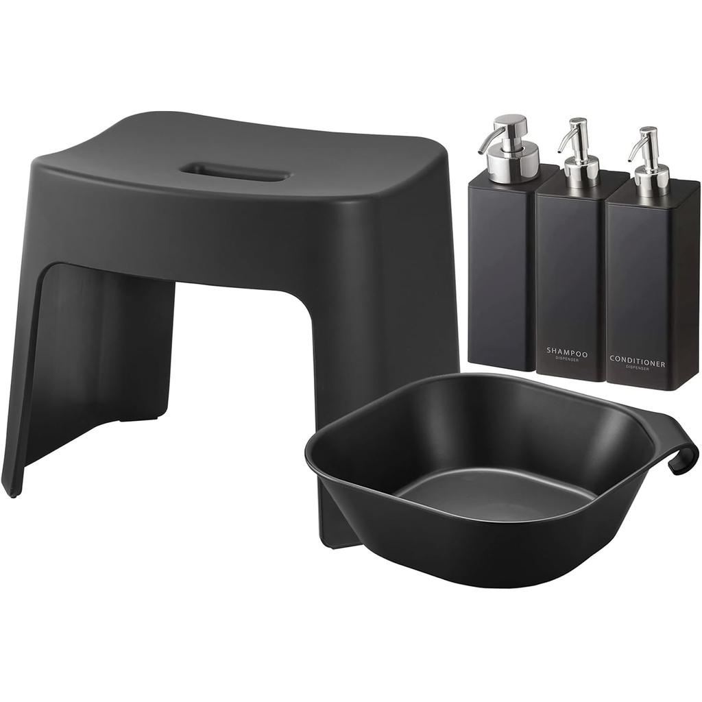 Yamazaki Magnetic Bath Stool Seat Magnetic Bathtub Magnetic Dispenser Bottle of 4261 Easy-to-Wash (26cm Height) + & Hook-Up (Large) + (Set 3) (Foaming
