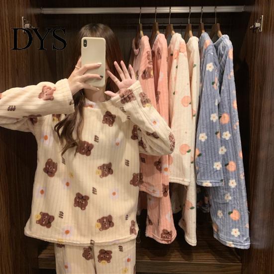 Lady Loungewear 2 Pcs/Set Women Winter Pajamas Set Round Neck Cartoon Bear And Peach Pattern Cozy Long Sleeve Coral Fleece Homewear Top Pants
