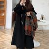 Black Horn Buttoned Coat for Women Autumn and Winter Solid Color Loose Fashion Coat Hepburn Style Woolen Coat