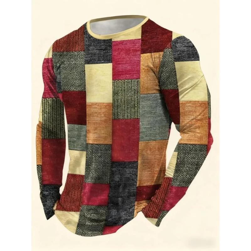 Autumn and Winter Men's Checked 3D Printed Crew Neck Long Sleeve T-Shirt