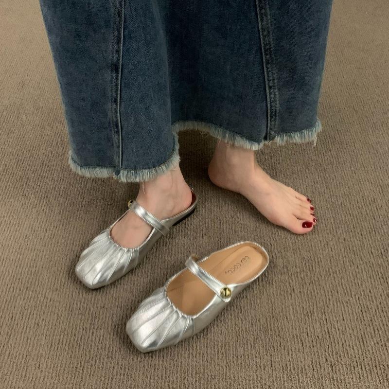 Silver Flat-bottomed Bag Head Half Slippers Outer Wear 2025 Summer New Mother Mary Jane Muller Women Sandals Single Shoes