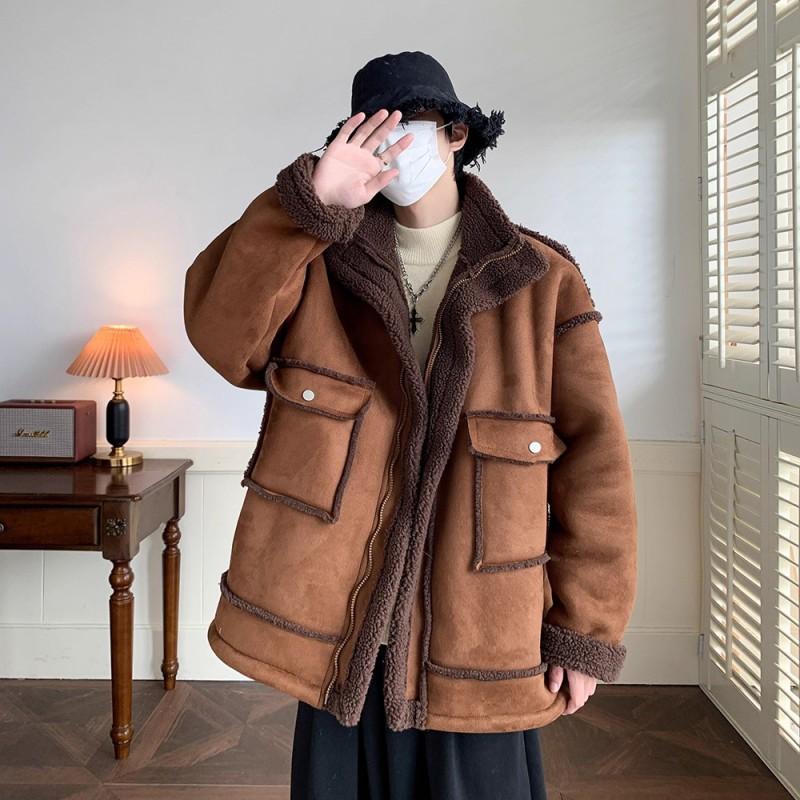 Mens Solid Color Lamb Fleece Puffer Jacket Winter Warm Plus Size Casual Cotton Coat