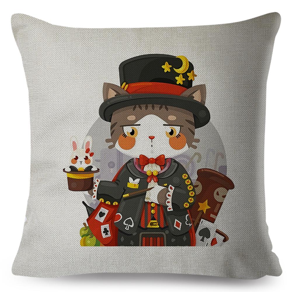 Adorable Cat Character Cushion 45x45cm Original Fantasy Theme Illustration High Resolution Print Woven Fabric Cover