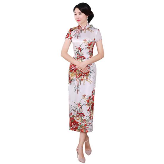 Lady Petticoats Plus Size Women Chinese Short Sleeve Floral Print Brocade Cheongsam Banquet Midi Dress