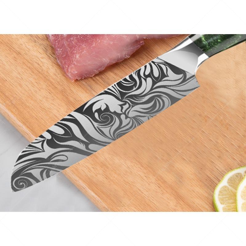Stainless Steel Santok Knife Green Resin Handle Cutting Meat Vegetables and Fruits Exquisite Laser Pattern Household Kitchen Knife