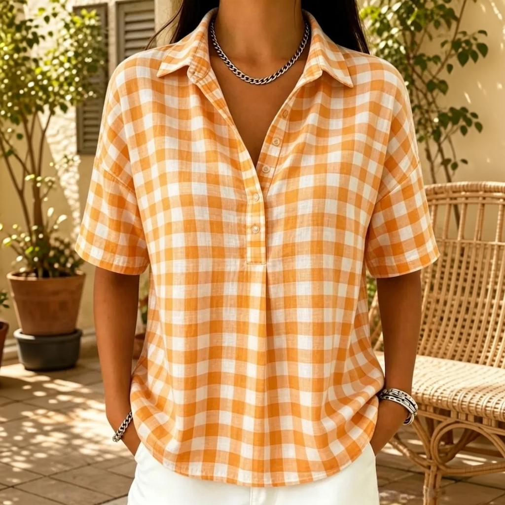 Women Casual Plaid Short Sleeve Shirt Half Button Down Collar Relaxed Fit Lightweight Blouse for Everyday Wear