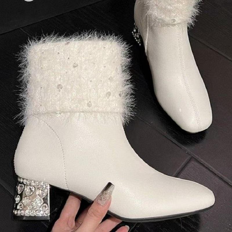 Women's Short Boots 2025 New Water Diamond Fur Coarse Heel High Heels Fashion Square Head with Velvet Thick Bottom Midsole Boots