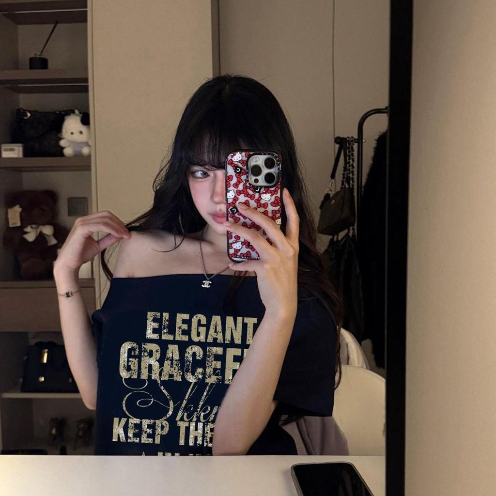 American High Street Slanted Shoulder Short-sleeved T-shirt Women In Summer Lazy Style Slim Versatile Top