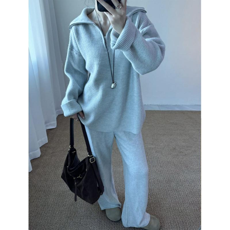 Casual Knitted Sweater Two-piece Set Autumn and Winter New Lapel Half Zipper Large Size Sweater Set Women