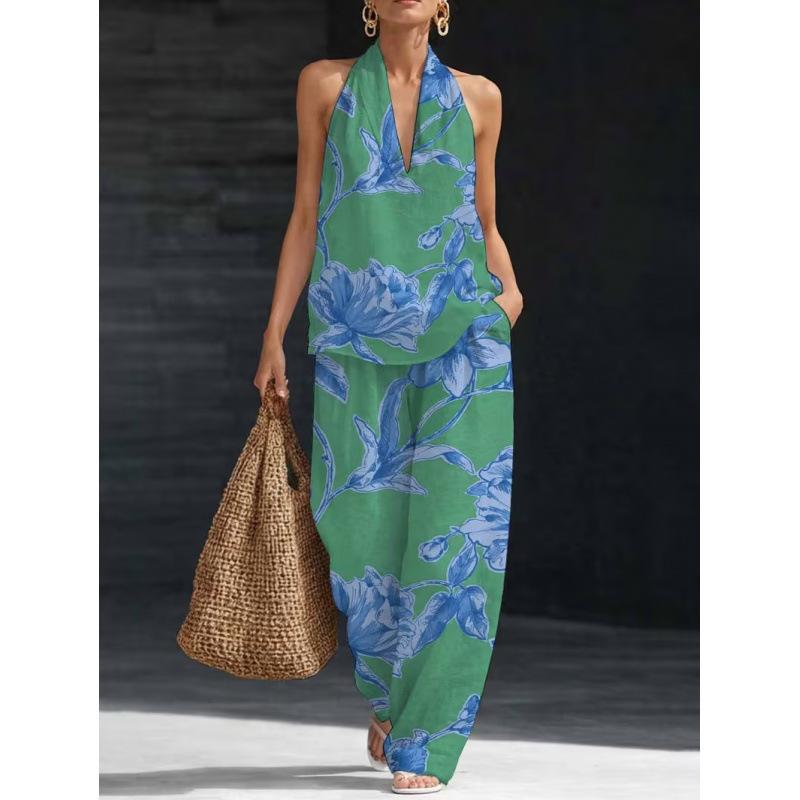 1116 Summer Cool Neck Suit Women's Temperament V-Neck Off-Shoulder Top + High Waist Wide Leg Pants Two-piece Set