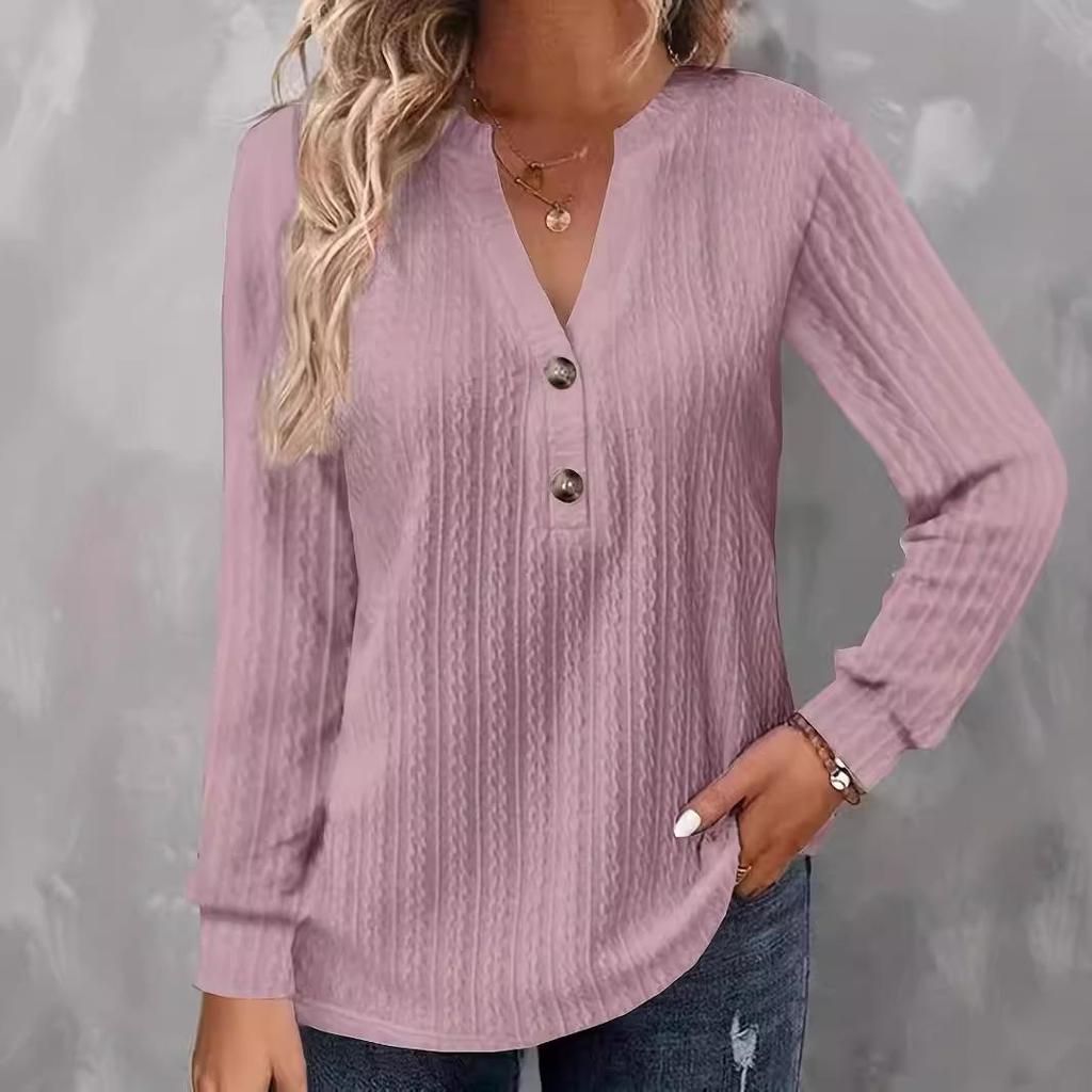 European & American Autumn/Winter Women's Long-Sleeve V-Neck Button T-Shirt 2024
