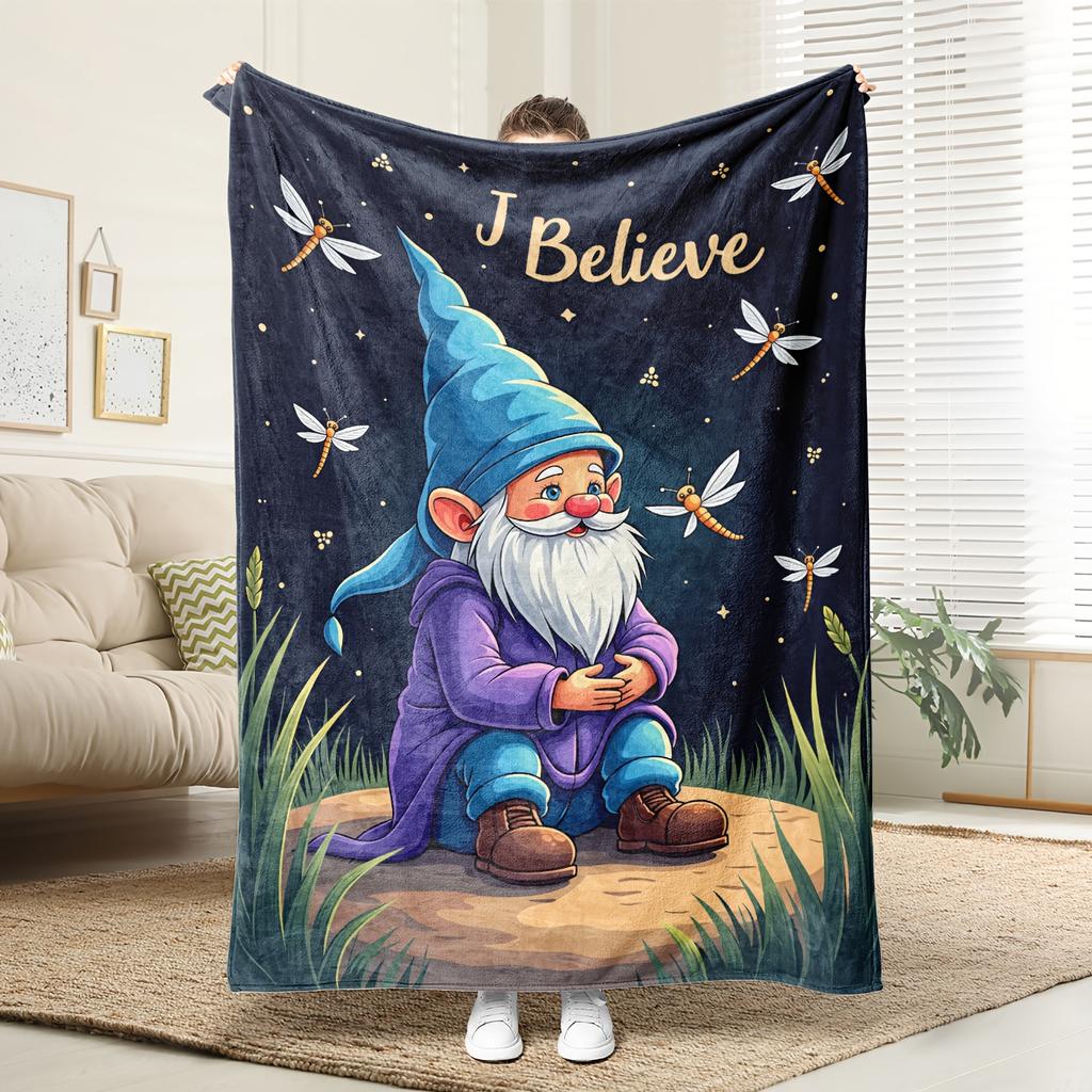 1pc Cozy Gnome & Fairy Magical Forest Fleece Blanket - Soft Polyester All-Season Bedspread with Glowing Fairy Lights & Joll