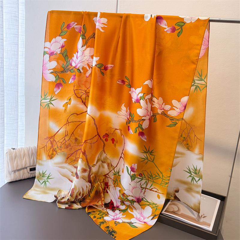 

Printing Simulation Silk Brocade Sunscreen Contrasting Color Flower Silk Scarf Long Scarf Shawl Versatile Headscarf Scarf 180*80cm