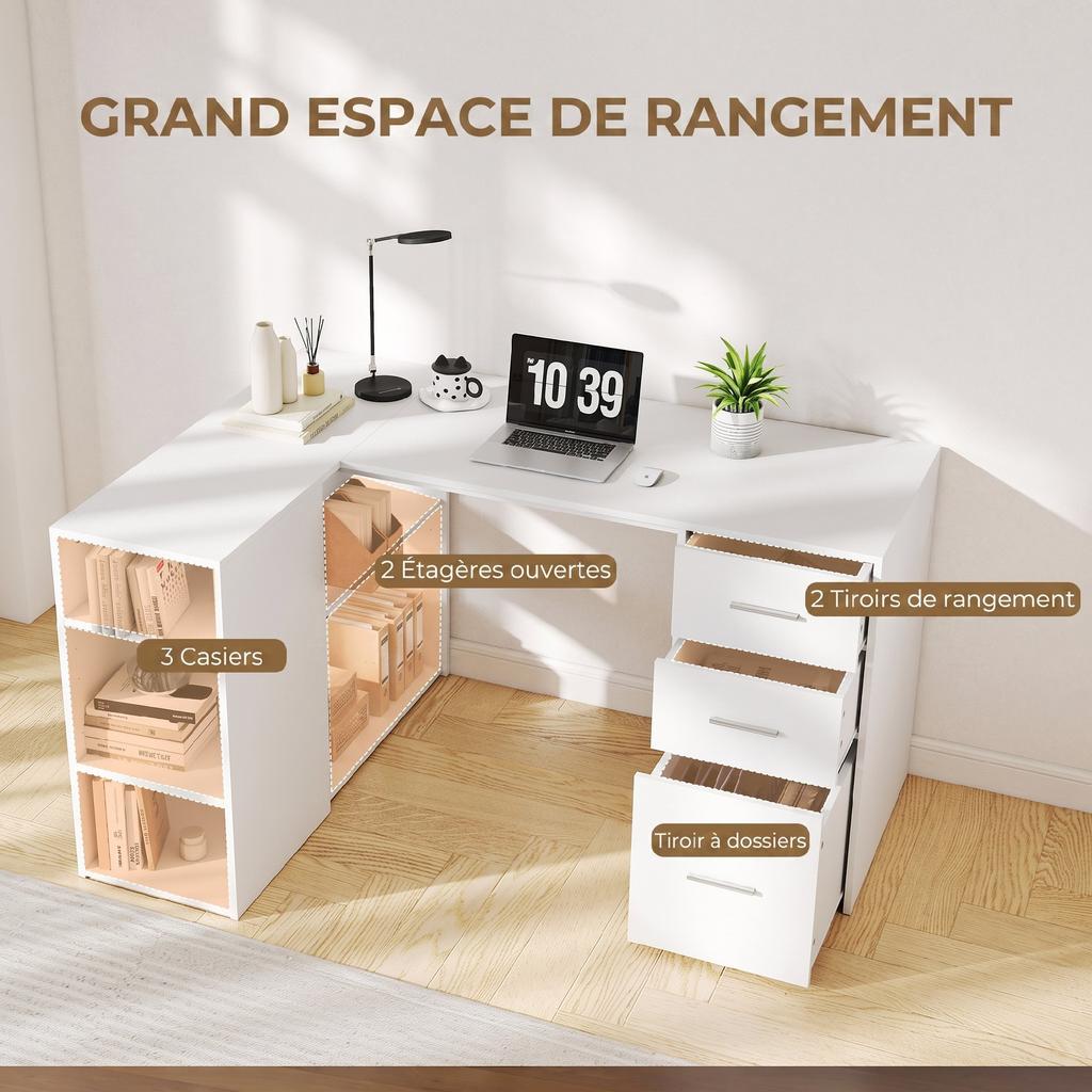 L-Shaped Corner Computer Desk, 3 Drawers, 5 Open Compartments, 140 x 100 x 75 cm, White
