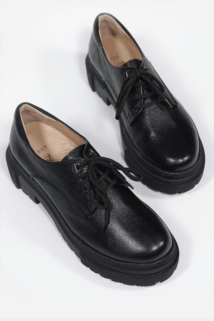 Women's Fashion Genuine Leather Thick Heeled Oxford Black Lace-up Oxford Shoes
