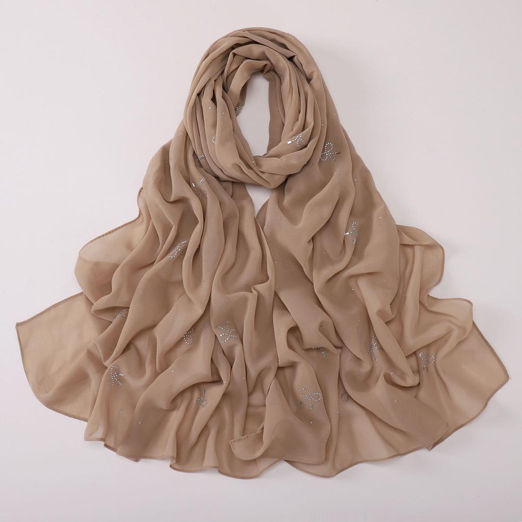 Pearl Chiffon Starry Bow Rhinestone Long Scarf Muslim Women Headscarf