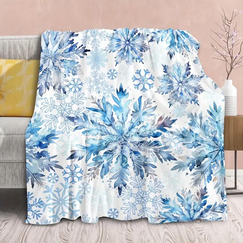Cozy Modern Blue Snowflake Pattern Flannel Blanket - Soft for Sofa, Bed, Travel, Camping, Living Room - Halloween Christmas