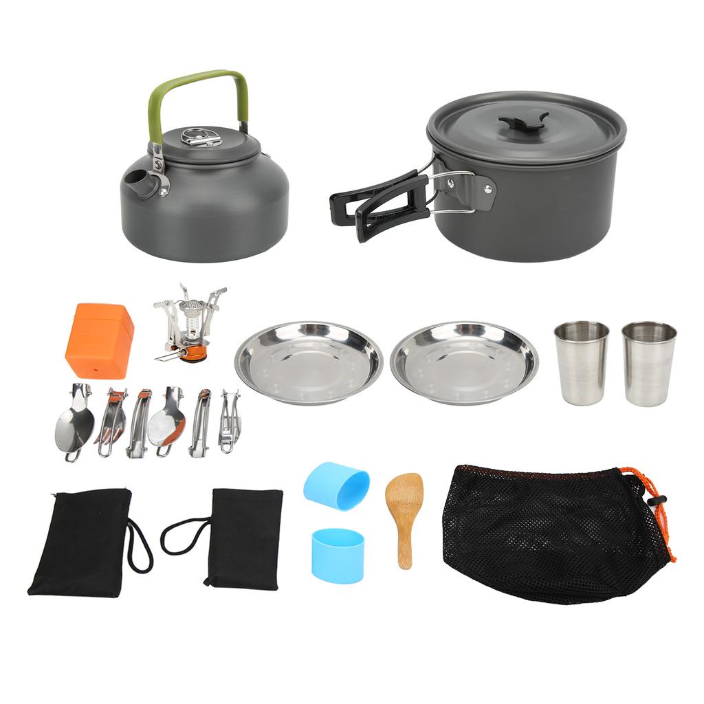 Kempingowy Zestaw Naczyń z Lekkim Garnkiem, Kuchenką, Sporkiem i Siatkową Torbą do Przenoszenia na Backpacking, Kemping na Świeżym Powietrzu, Wędrówki