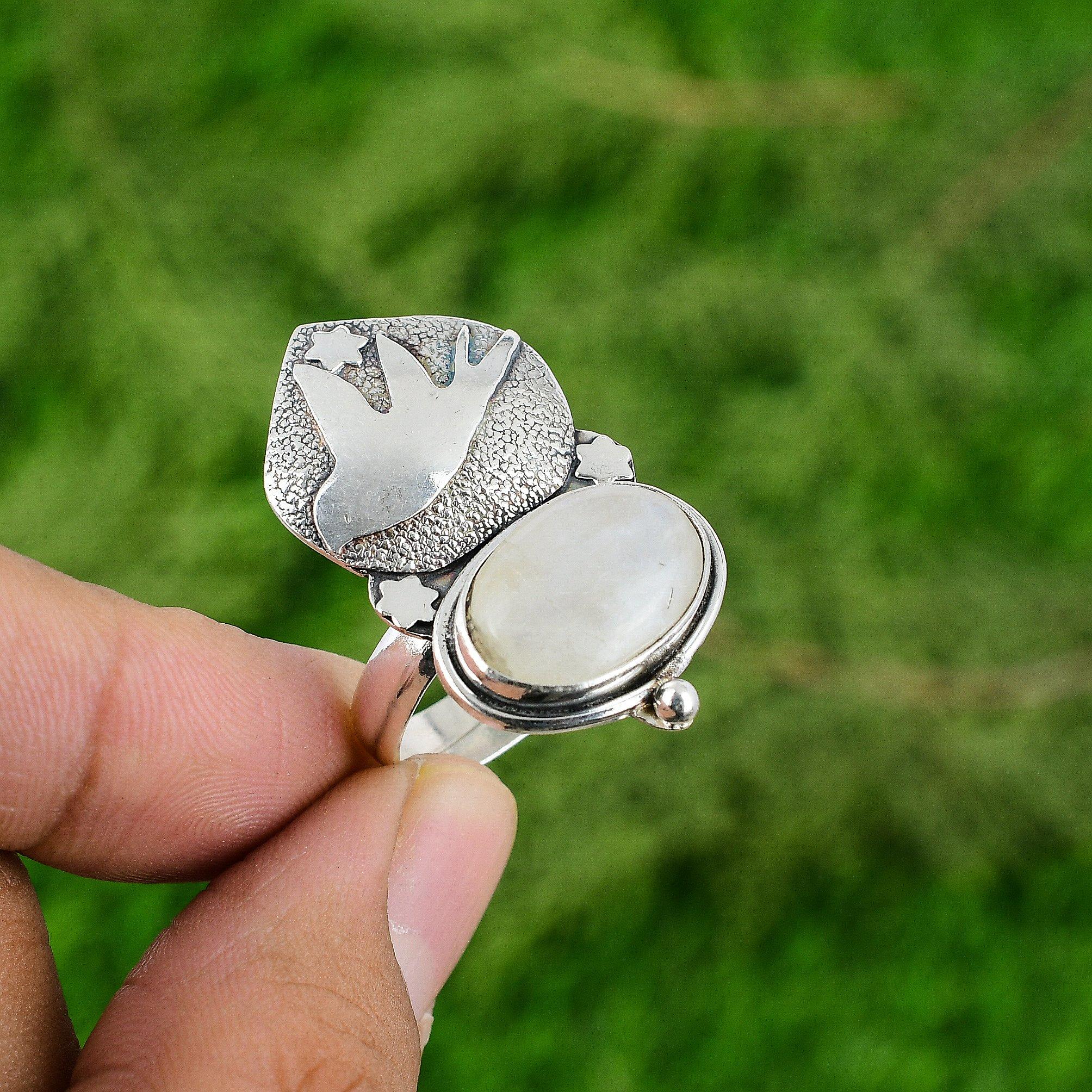 

Womens day Deal 925 Sterling Silver Rainbow Moonstone Gemstone Stackable Ring Adjustable