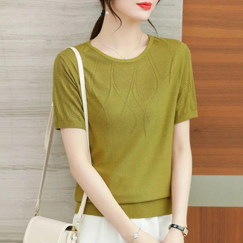 Summer Women's Ice Silk Knitted T-shirt Mom Summer Outfit Thin Hollow Out Knitted Top Short Sleeve